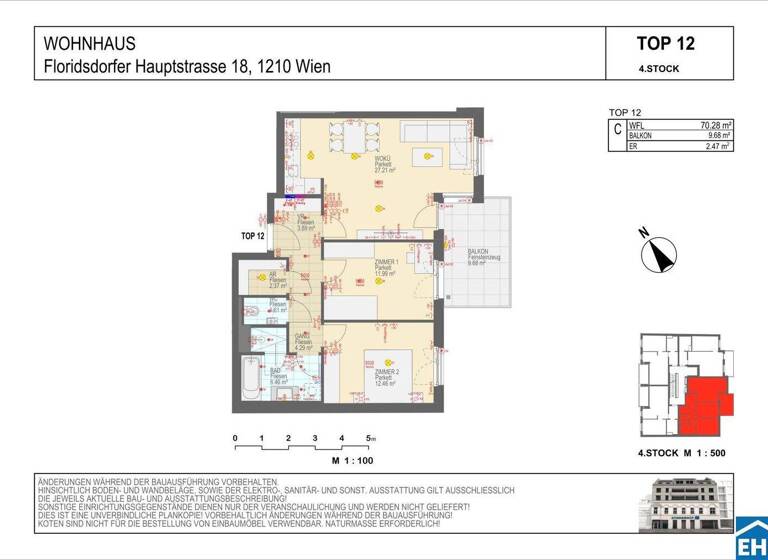 Wohnung zur Miete - Erstbezug 1.178 € 3 Zimmer 70,3 m² 4. Geschoss frei ab 01.05.2026 Wien 1210