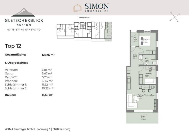 Wohnung zum Kauf - Erstbezug provisionsfrei 462.000 € 3 Zimmer 1. Geschoss frei ab 01.12.2026 Kellnerfeldstraße Kaprun 5710
