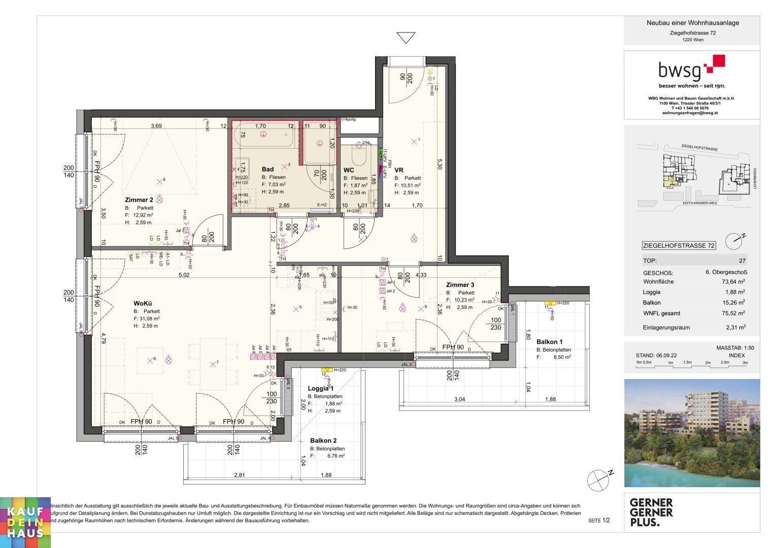 Wohnung zur Miete 951 € 3 Zimmer 73,6 m²<br/>Wohnfläche 6.<br/>Geschoss Ziegelhofstraße 72 Wien 1220