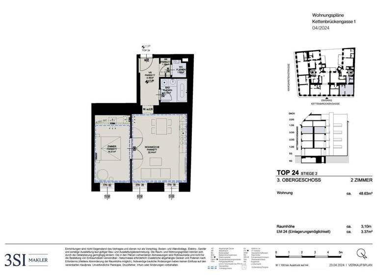 Wohnung zum Kauf - Erstbezug 513.300 € 2 Zimmer 48,6 m² 3. Geschoss Kettenbrückengasse 1 Wien 1050