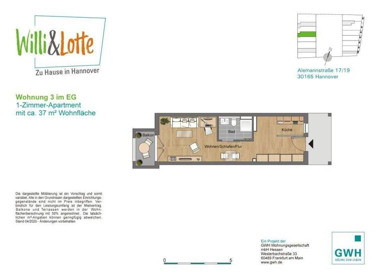 Studio zur Miete 662 € 1 Zimmer 37,4 m² EG frei ab 01.04.2026 Alemannstraße 17B Vahrenwald Hannover 30165