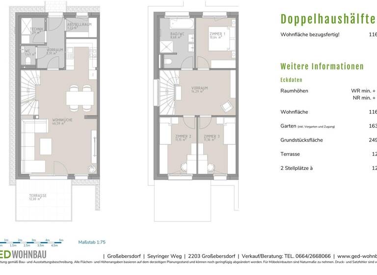 Doppelhaushälfte zum Kauf provisionsfrei 568.140 € 4 Zimmer 116,5 m² 249,1 m² Grundstück Großebersdorf 2203