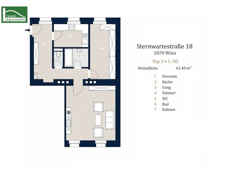 Wohnung zum Kauf 349.000 € 2 Zimmer 61,4 m² 1. Geschoss Sternwartestraße 18 Wien 1180