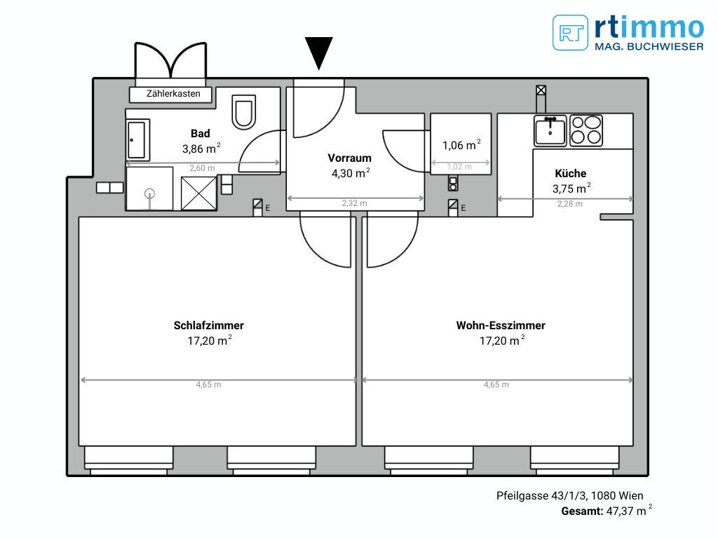 Wohnung zum Kauf 264.000 € 2 Zimmer 47,4 m²<br/>Wohnfläche EG<br/>Geschoss Wien 1080