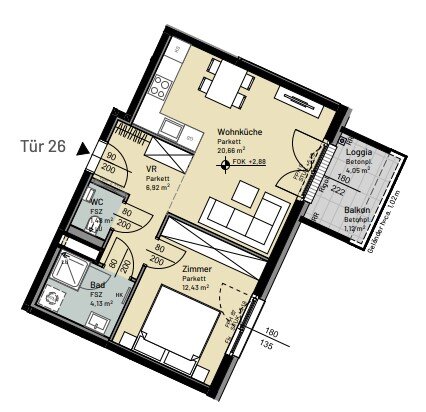 Wohnung zur Miete 718 € 2 Zimmer 45,6 m²<br/>Wohnfläche 1.<br/>Geschoss Wien 1210