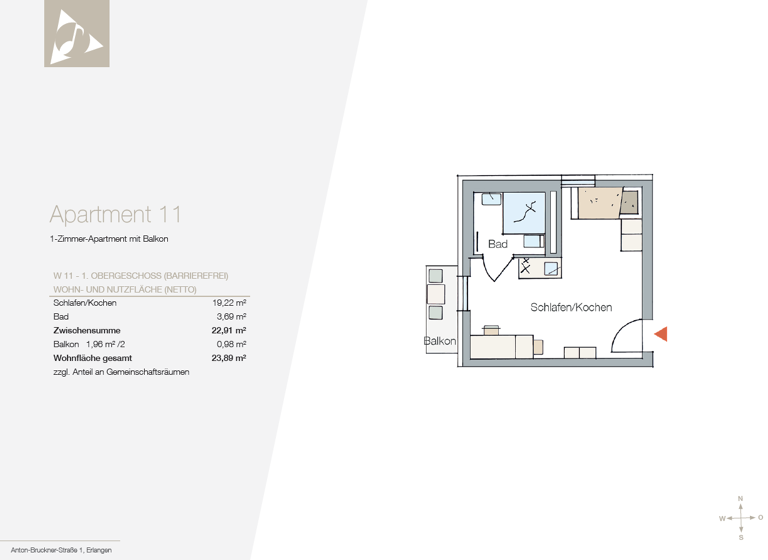Wohnung zur Miete 670 € 23,9 m² Anton-Bruckner-Straße 1 Erlangen-Süd Erlangen 91052
