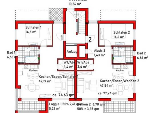 Wohnung zum Kauf provisionsfrei 433.200 € 2 Zimmer 77,2 m² 1. Geschoss frei ab sofort Waldparkstrasse 23 Mingolsheim Bad Schönborn 76669