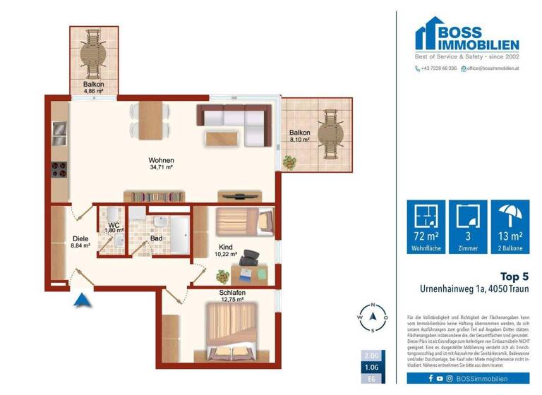 Wohnung zur Miete 736 € 3 Zimmer 72,1 m² 1. Geschoss Urnenhainweg 1a Traun 4050