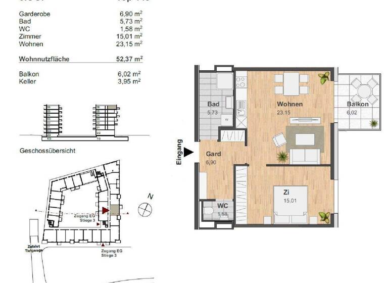 Wohnung zur Miete 610 € 2 Zimmer 52,4 m² 6. Geschoss Reininghausstraße 10 Eggenberg Graz 8020
