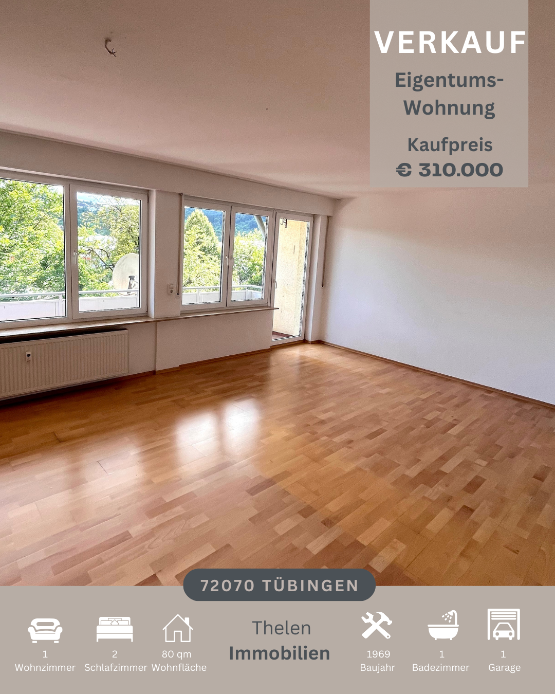 Wohnung zum Kauf 310.000 € 3 Zimmer 80 m²<br/>Wohnfläche 1.<br/>Geschoss ab sofort<br/>Verfügbarkeit Weststadt Tübingen 72070