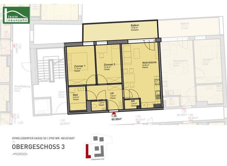 Wohnung zur Miete 720 € 3 Zimmer 60,9 m² 3. Geschoss frei ab 01.06.2026 Gymelsdorfergasse 50 Wiener Neustadt 2700