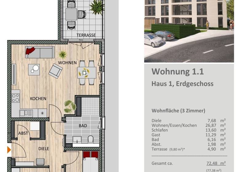 Wohnung zum Kauf - Erstbezug provisionsfrei 424.900 € 3 Zimmer 72,5 m² EG Gladbach Bergisch Gladbach 51465