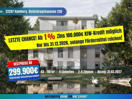 Wohnung zum Kauf - Neubau provisionsfrei als Kapitalanlage geeignet 729.900 € 4 Zimmer 98 m² Alsterkrugchaussee 226 Alsterdorf Hamburg 22297