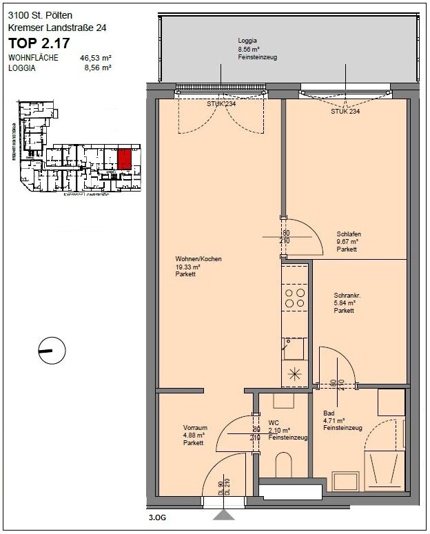 Wohnung zur Miete 502 € 2 Zimmer 46,5 m²<br/>Wohnfläche 3.<br/>Geschoss Kremser Landstraße 24 St. Pölten St. Pölten 3100