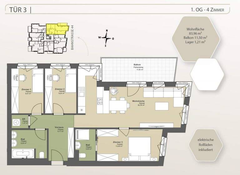 Wohnung zum Kauf provisionsfrei 539.000 € 4 Zimmer 84 m² 1. Geschoss Bahnstraße 44 Wien 1140