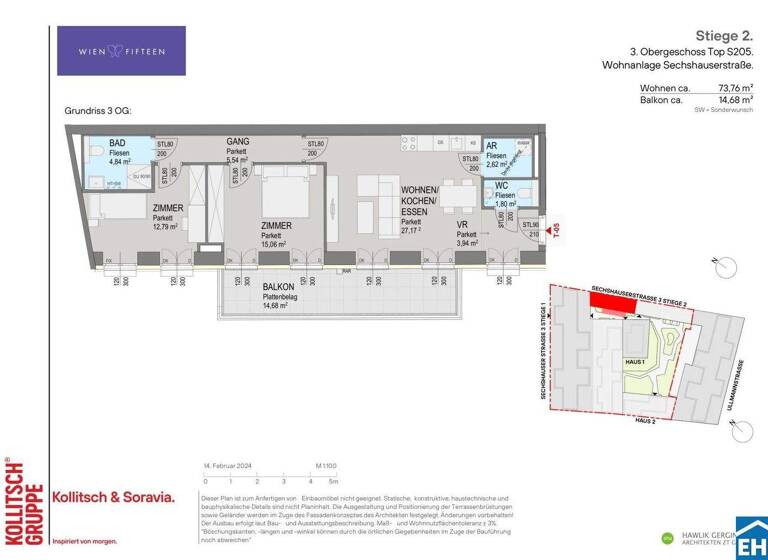 Wohnung zum Kauf - Erstbezug 597.500 € 3 Zimmer 73,8 m² 3. Geschoss Sechshauser Straße Wien 1150