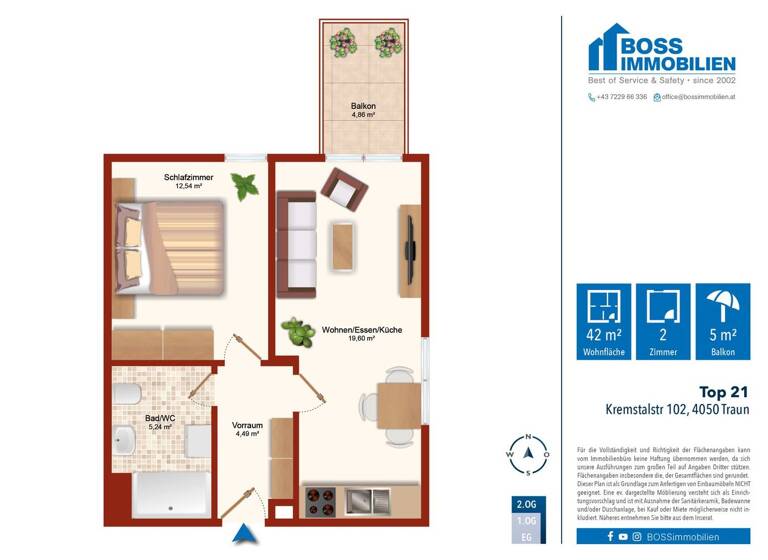 Wohnung zur Miete 460 € 2 Zimmer 41,9 m² 1. Geschoss Kremstalstraße 102 Traun 4050