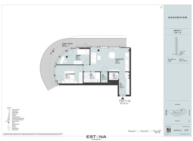 Wohnung zur Miete 1.878 € 3 Zimmer 60,7 m² 7. Geschoss Wagramer Straße Wien 1220