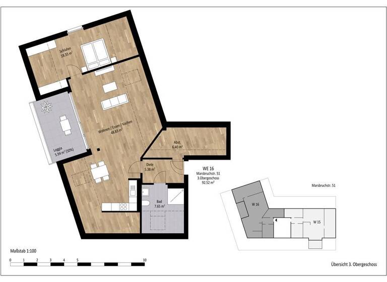 Wohnung zur Miete 1.120 € 2 Zimmer 92,5 m² 3. Geschoss Schüren Dortmund 44287