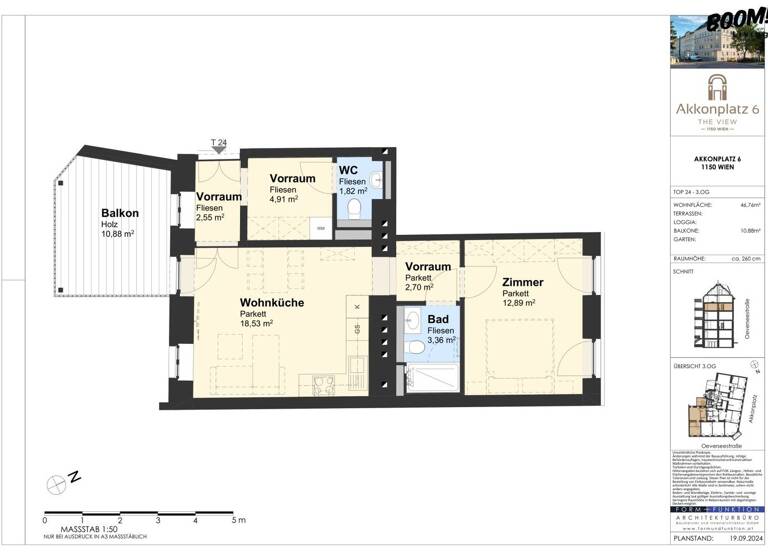 Terrassenwohnung zum Kauf - Erstbezug 389.000 € 2,5 Zimmer 46,8 m² 3. Geschoss Wien 1150