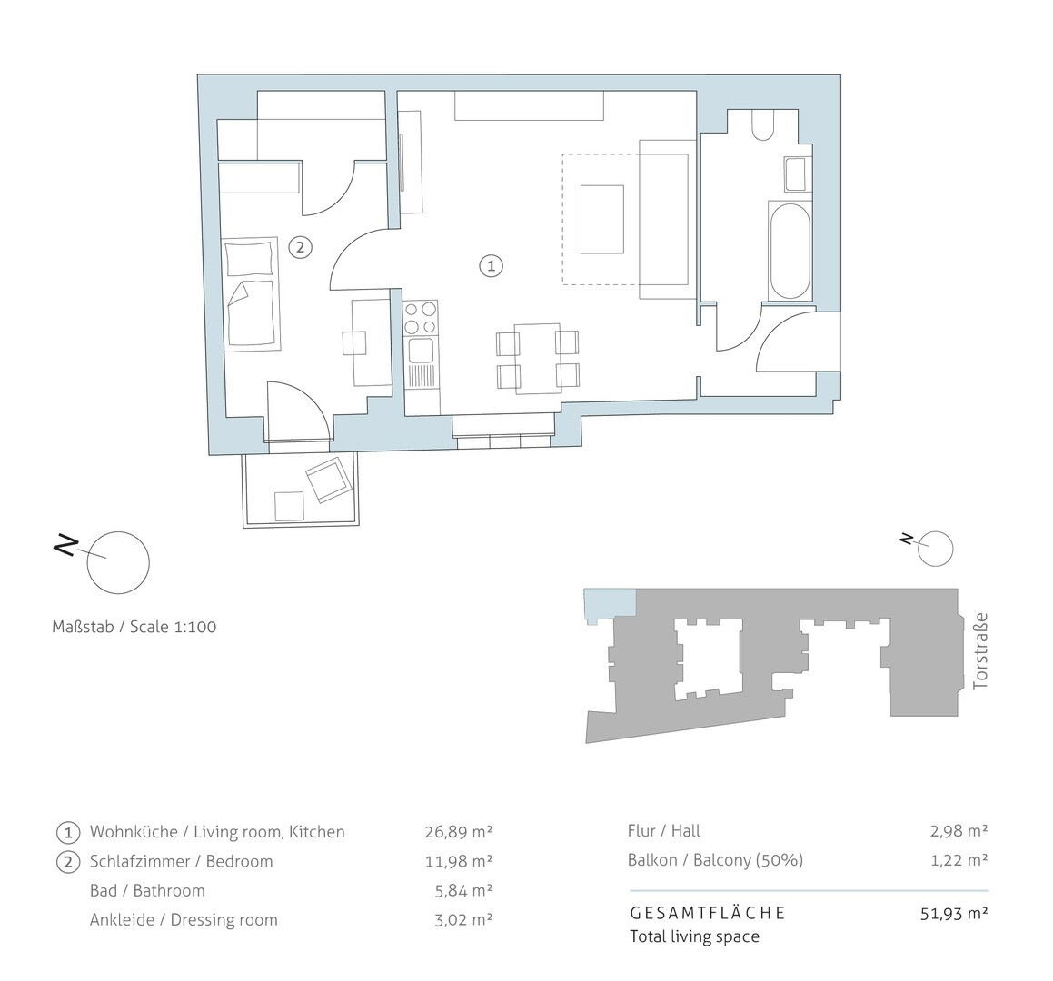 Wohnung zur Miete 1.800 € 2 Zimmer 51,9 m²<br/>Wohnfläche 3.<br/>Geschoss Torstraße 225c Mitte Berlin 10115