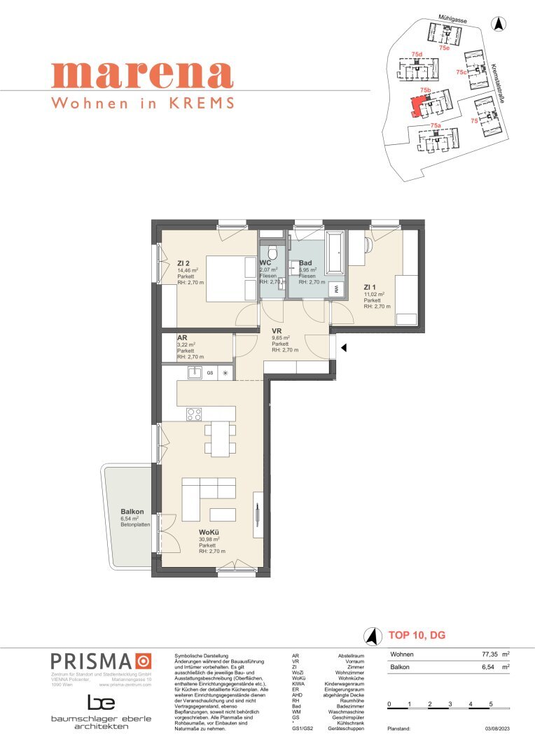 Wohnung zur Miete 1.131 € 3 Zimmer 77,4 m²<br/>Wohnfläche 2.<br/>Geschoss 01.03.2025<br/>Verfügbarkeit Kremstalstraße 75b Krems an der Donau Krems an der Donau 3500