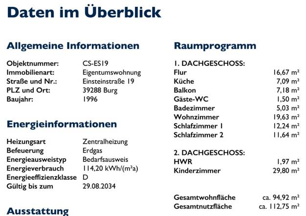 Wohnung zur Miete 900 € 4 Zimmer 95 m² Geschoss 2/2 frei ab 01.08.2025 Burg Burg 39288
