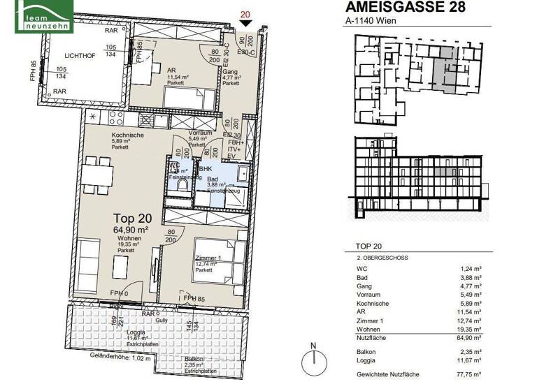 Wohnung zum Kauf - Erstbezug provisionsfrei 459.500 € 3 Zimmer 64,9 m² 2. Geschoss Ameisgasse 28 Wien 1140