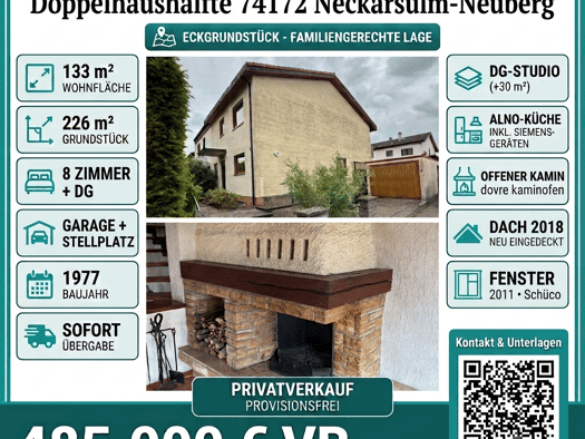 Doppelhaushälfte zum Kauf provisionsfrei 485.000 € 8 Zimmer 130 m² 226 m² Grundstück frei ab sofort Neckarsulm 74172