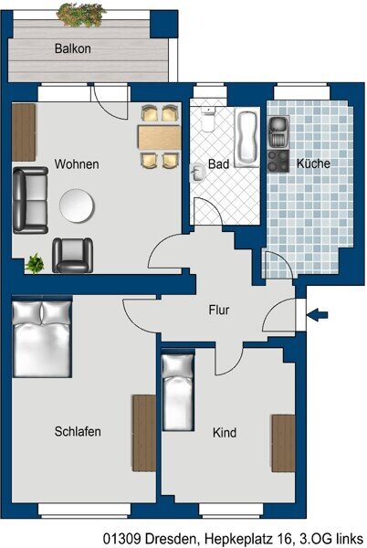 Wohnung zur Miete 587 € 3 Zimmer 75,3 m²<br/>Wohnfläche 3.<br/>Geschoss 18.12.2024<br/>Verfügbarkeit Hepkeplatz 16 Striesen-Süd (Hepkeplatz) Dresden 01309