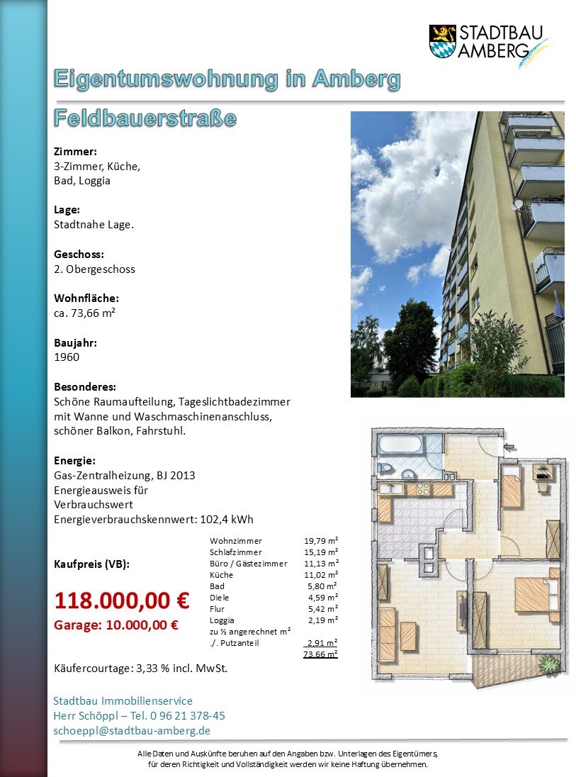 Wohnung zum Kauf 118.000 € 3 Zimmer 73,7 m²<br/>Wohnfläche 2.<br/>Geschoss ab sofort<br/>Verfügbarkeit Feldbauerstraße Dreifaltigkeit Amberg 92224