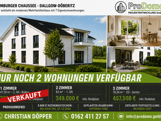 Wohnung zum Kauf - Erstbezug provisionsfrei 349.000 € 1,5 Zimmer 62 m² Geschoss 1/2 frei ab 15.10.2027 Hamburger Chaussee Dallgow Dallgow-Döberitz 14624