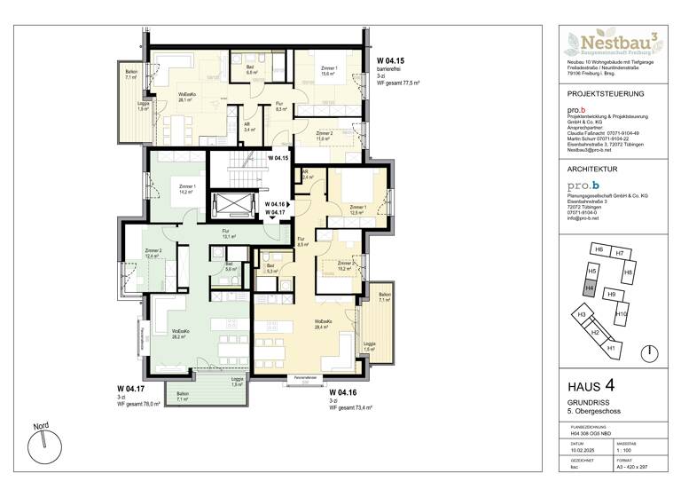 Wohnung zum Kauf - Neubau provisionsfrei 578.000 € 3 Zimmer 77,5 m²<br/>Wohnfläche Dachgeschoss, 5.<br/>Geschoss ab sofort<br/>Verfügbarkeit Brühl Freiburg im Breisgau 79106