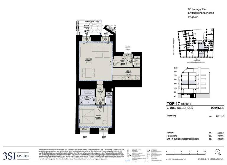 Wohnung zum Kauf - Erstbezug 543.600 € 2 Zimmer 52,1 m² 2. Geschoss Kettenbrückengasse 1 Wien 1050