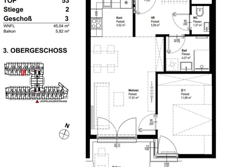 Wohnung zur Miete 745 € 2 Zimmer 45 m² 3. Geschoss frei ab 01.05.2026 Leopoldauer Straße 131 Wien 1210