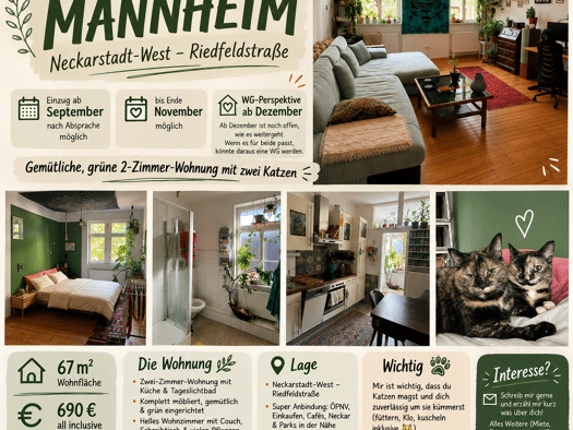 Wohnung zur Miete 390 € 2 Zimmer 57 m² Geschoss 3/4 frei ab 15.09.2026 Neckarstadt Neckarstadt - West 68169