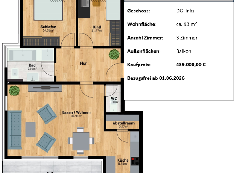 Wohnung zum Kauf provisionsfrei 439.000 € 3 Zimmer 93,3 m² Karlsruher Straße 4 Linkenheim Linkenheim-Hochstetten 76351