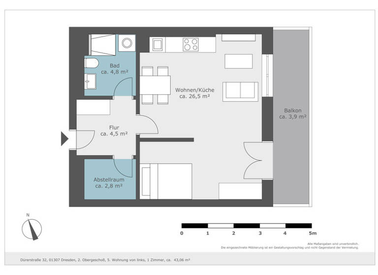 Studio zur Miete 574 € 1 Zimmer 42 m² 2. Geschoss frei ab 11.04.2026 Dürerstr. 32 Johannstadt-Süd Dresden 01307