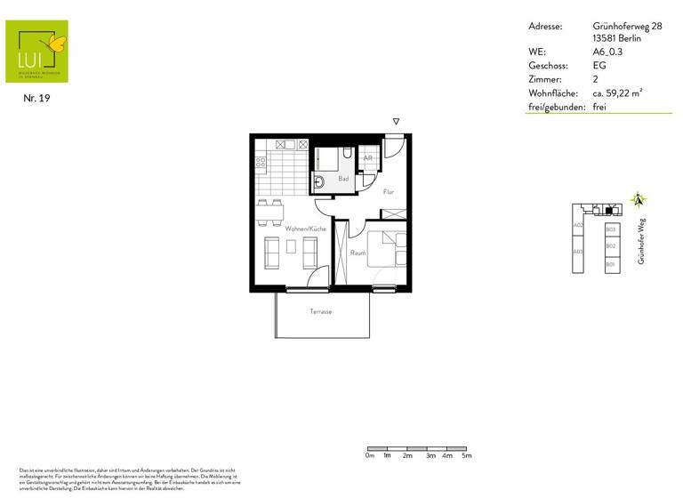 Wohnung zur Miete 1.060 € 2 Zimmer 60 m² EG Grünhofer Weg 28 Spandau Berlin 13581