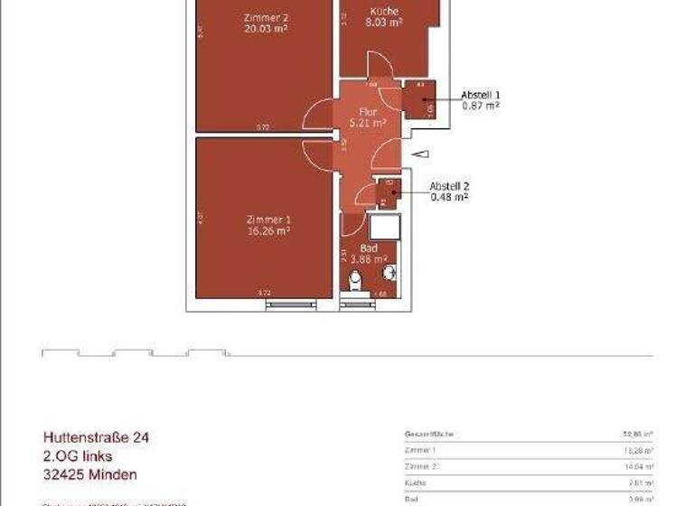 Wohnung zur Miete 599 € 2 Zimmer 53 m² frei ab sofort Huttenstr. 24 Innenstadt Minden 32425