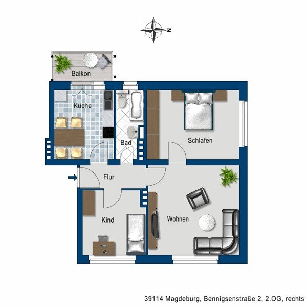 Wohnung zur Miete 445 € 3 Zimmer 67,5 m²<br/>Wohnfläche 2.<br/>Geschoss 31.12.2024<br/>Verfügbarkeit Bennigsenstr. 2 Siedlung Cracau Magdeburg 39114