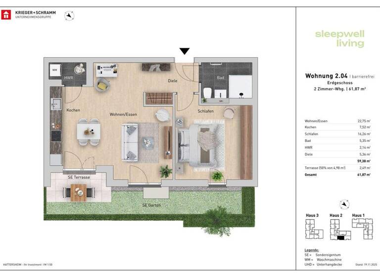 Terrassenwohnung zum Kauf - Neubau provisionsfrei als Kapitalanlage geeignet 421.500 € 2 Zimmer 62 m² Schulstraße 29-31 Hattersheim 65795