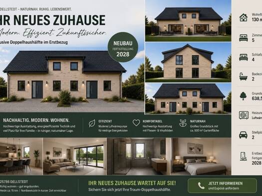 Doppelhaushälfte zum Kauf - Erstbezug provisionsfrei 449.000 € 5 Zimmer 130 m² 638 m² Grundstück frei ab 01.04.2028 Lange Reihe 14 Dellstedt 25786