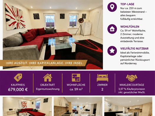 Wohnung zum Kauf als Kapitalanlage geeignet 679.000 € 2 Zimmer 59 m² Norderney 26548