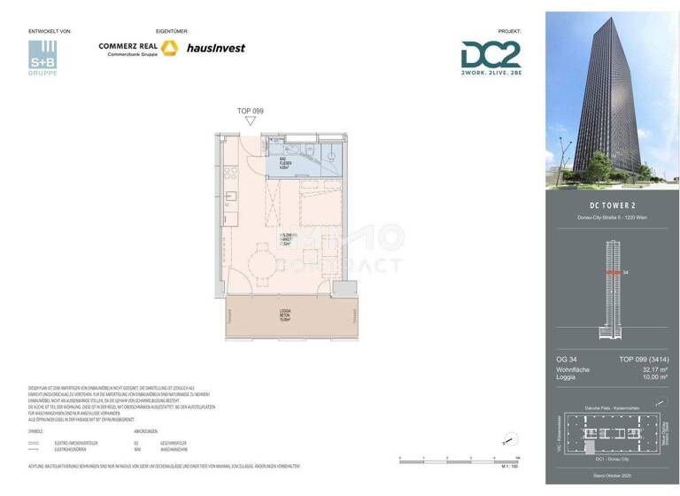 Studio zur Miete - Erstbezug 977 € 1 Zimmer 32,1 m² 34. Geschoss frei ab 01.11.2026 Wien 1220