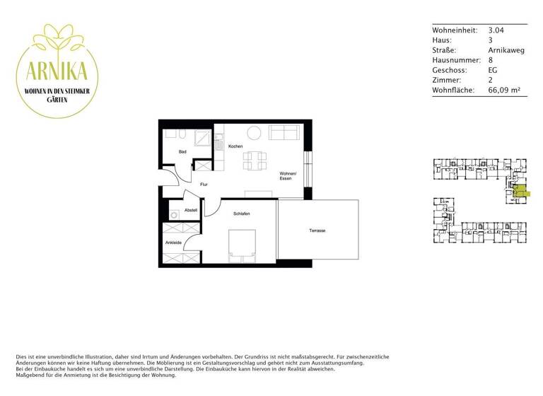 Wohnung zur Miete 730 € 2 Zimmer 66,1 m² EG Arnikaweg 8 Steimker Berg Wolfsburg 38446
