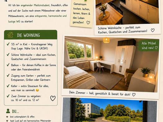 WG-Zimmer zur Miete 440 € 12 m² Geschoss 1/2 frei ab 01.08.2026 Kronshagener Weg 124 Schreventeich Kiel 24116