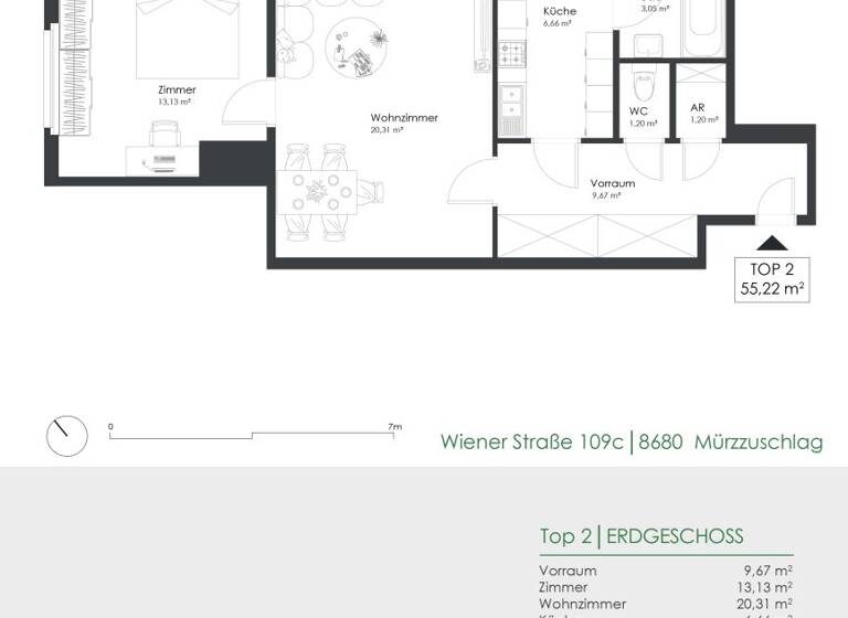 Wohnung zur Miete 192 € 2 Zimmer 55,2 m² EG Wiener Straße 109c Mürzzuschlag 8680