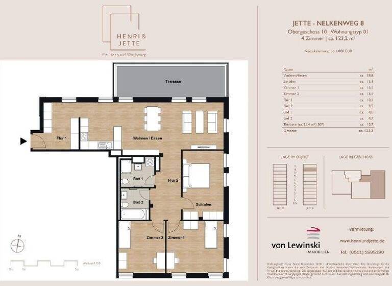 Wohnung zur Miete 1.817 € 4 Zimmer 122,2 m² 10. Geschoss Nelkenweg 8 Hellwinkel Wolfsburg 38446