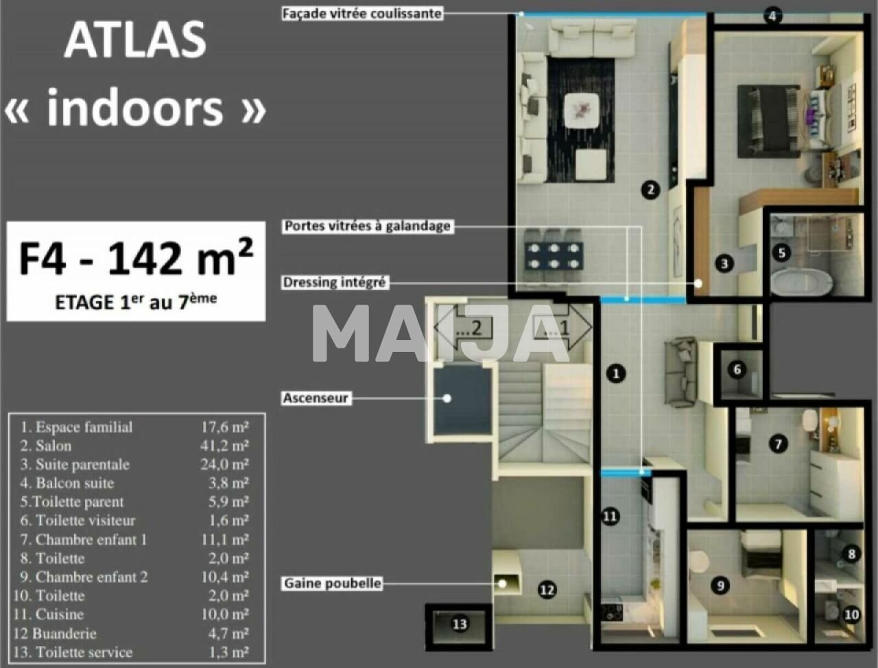 Studio zur Miete 2.743 € 4 Zimmer 142 m²<br/>Wohnfläche 6.<br/>Geschoss Immeuble ATLAS Almadies 10 200